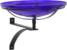 Cobalt Blue 14" Crackle Glass Wall Bracket Birdbath for Your Garden