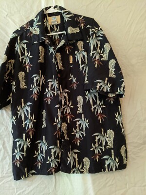 Coconut Pier Hawaiian Shirt Black Green Tiki Gods & Bamboo Floral Design M 13-3