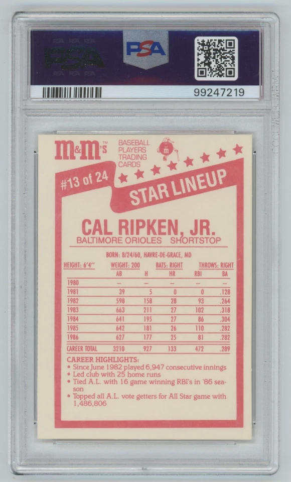 Cal Ripken Jr. 1987 M & M's Starting Lineup Low Pop! PSA 9 #13 Baltimore Orioles - Image 2 of 3