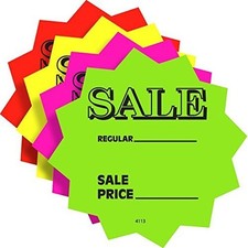 100 3" Sale Price Signs Fluorescent Neon Die Cut Solar Star Burst Retail Card...