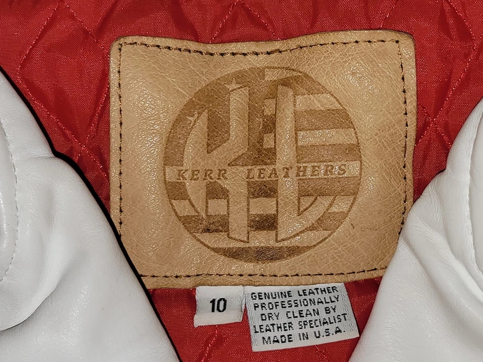 Женская мотоциклетная куртка Kerr белая кожа размер 10 красных стеганых подкладок отличное состояние - Изображение 4 из 4