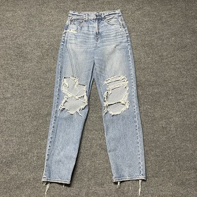 American Eagle Jeans Womens 4 Blue Distressed Highest Rise Baggy Straight Grunge