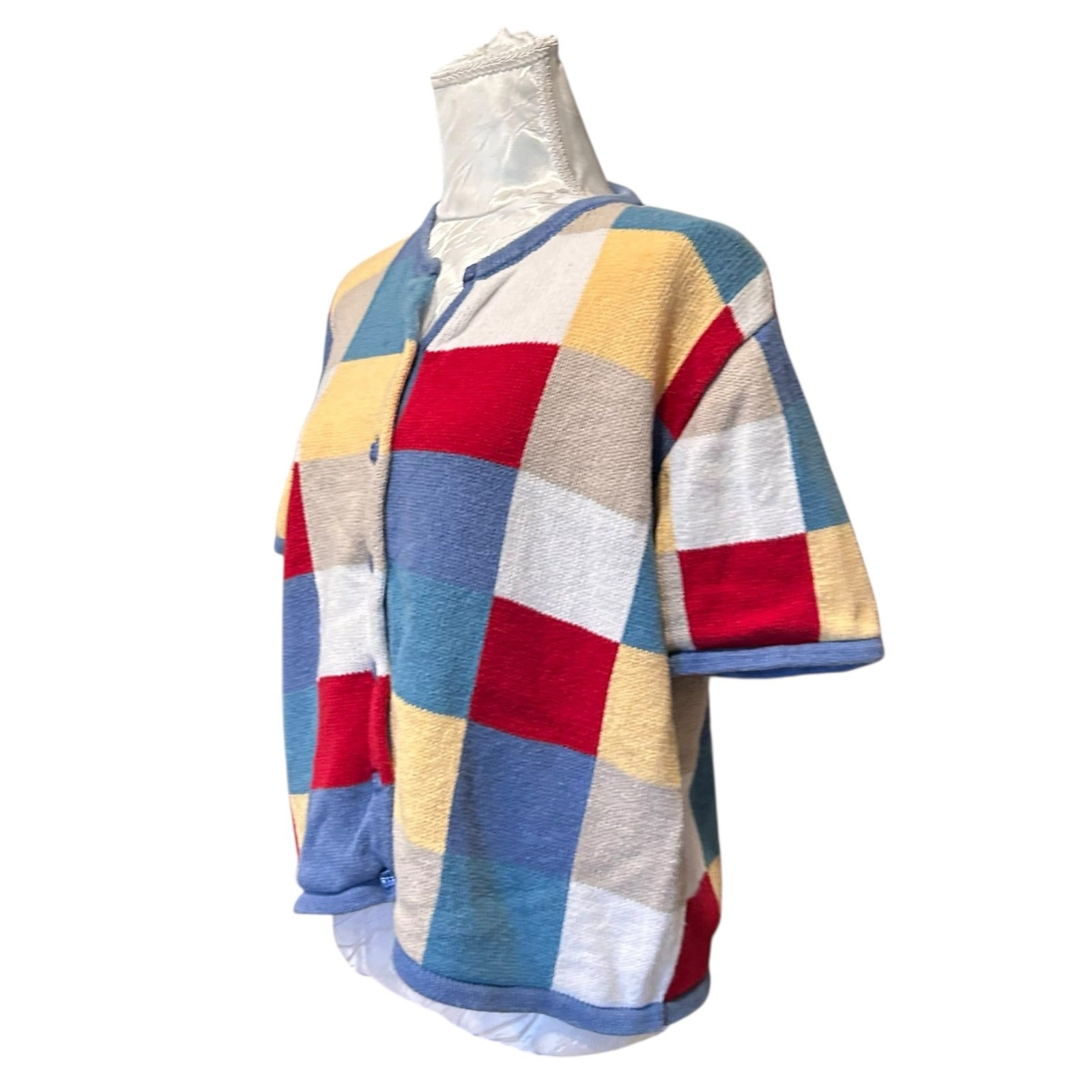 Patchwork Checked Knit Short Sleeve Cardigan Wome… - image 16