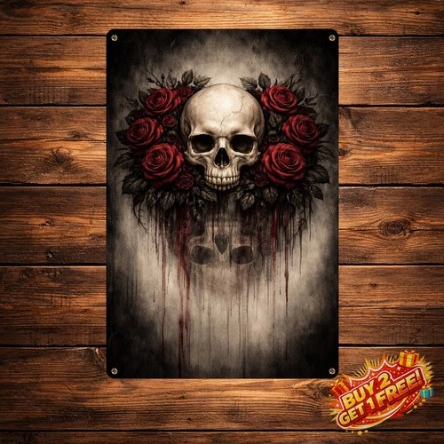 Gothic Skull & Red Rose Metal Wall Art 8x12 Vintage Tin Sign Home Decor