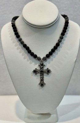 Natural Lava Stone Necklace With Large Cross , 17 +2  Extender