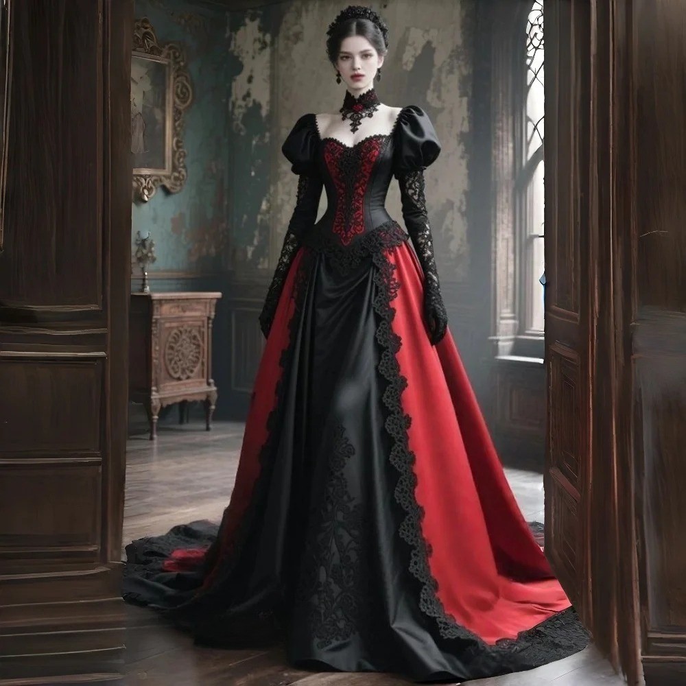 Medieval Vampire Gothic Wedding Dresses Long Sleeves Black And Red A-Line  Corset