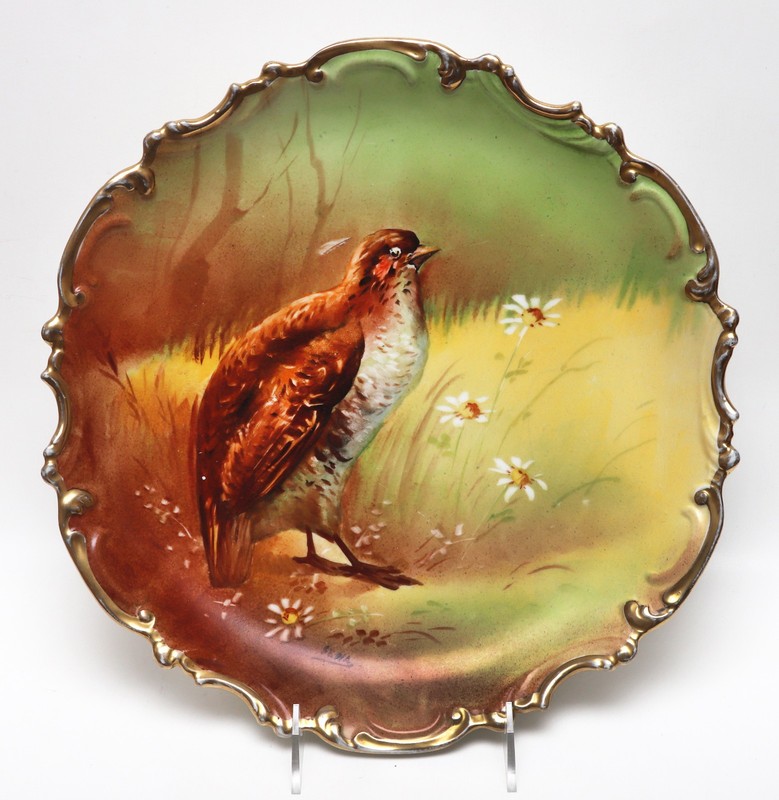 Antique Large 12.5” Limoges France B&H Game Bird Plate Artist Signed Gold Rim