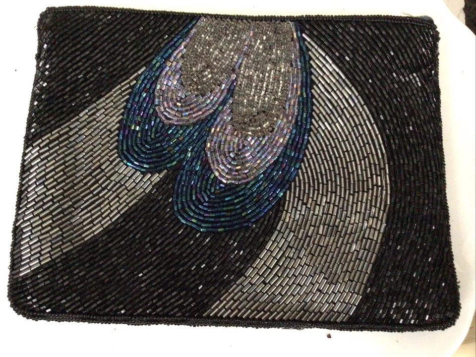 Bolso de Mano/Bolso Azul Cuentas Negro, Plateado, Azul, Gris, Aurora Borialis Cuentas Cremallera De Colección Foto 2 de 3