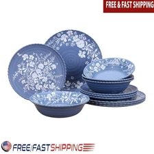 Daisy Melamine Dinnerware Set 12 Piece Floral Plates Bowls Dishwasher Safe New