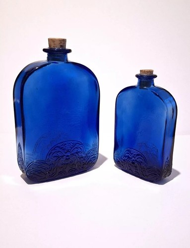 2 Vintage DeLevante Colbalt Blue Glass Bottles / Flasks - Floral, Embossed - Picture 5 of 9