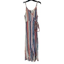 En Creme Striped Dress Sleeveless Spaghetti Strap Faux Wrap Medium Maxi