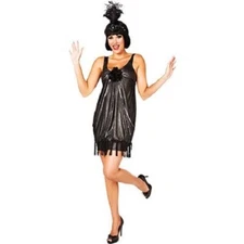 Women's Small 4-6 black Flapper Halloween Costume fringe dance dress retro 20s