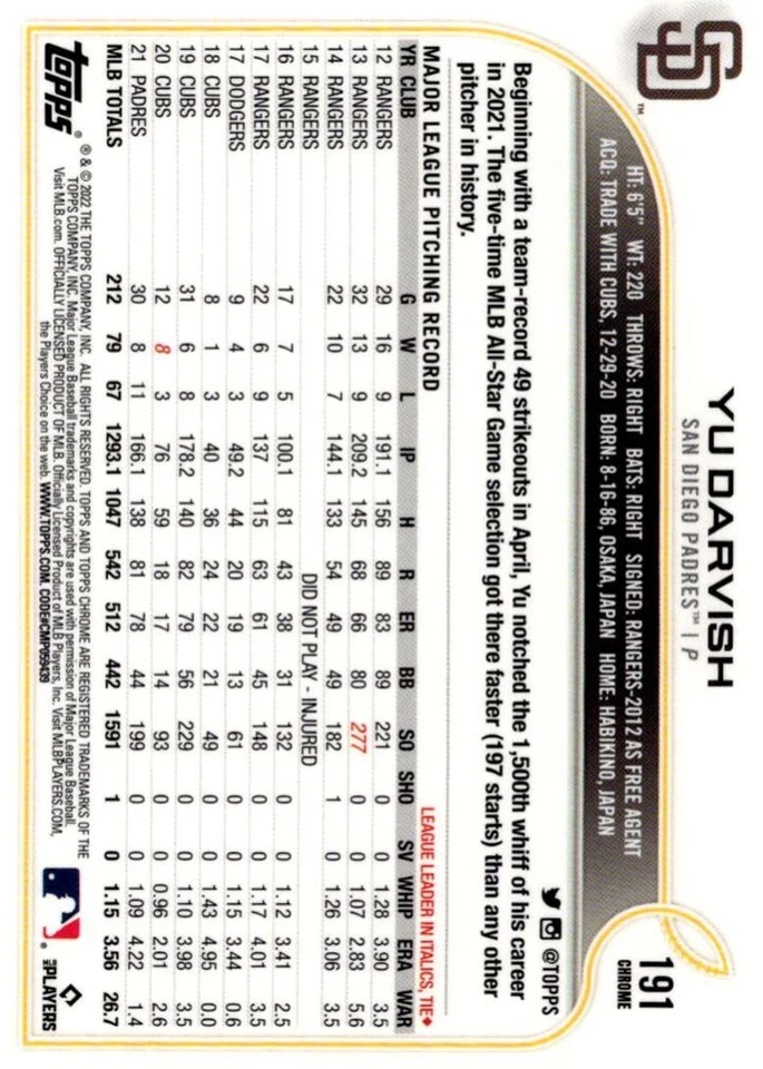 2022 Topps Chrome Yu Darvish San Diego Padres #191 - Image 2 of 2