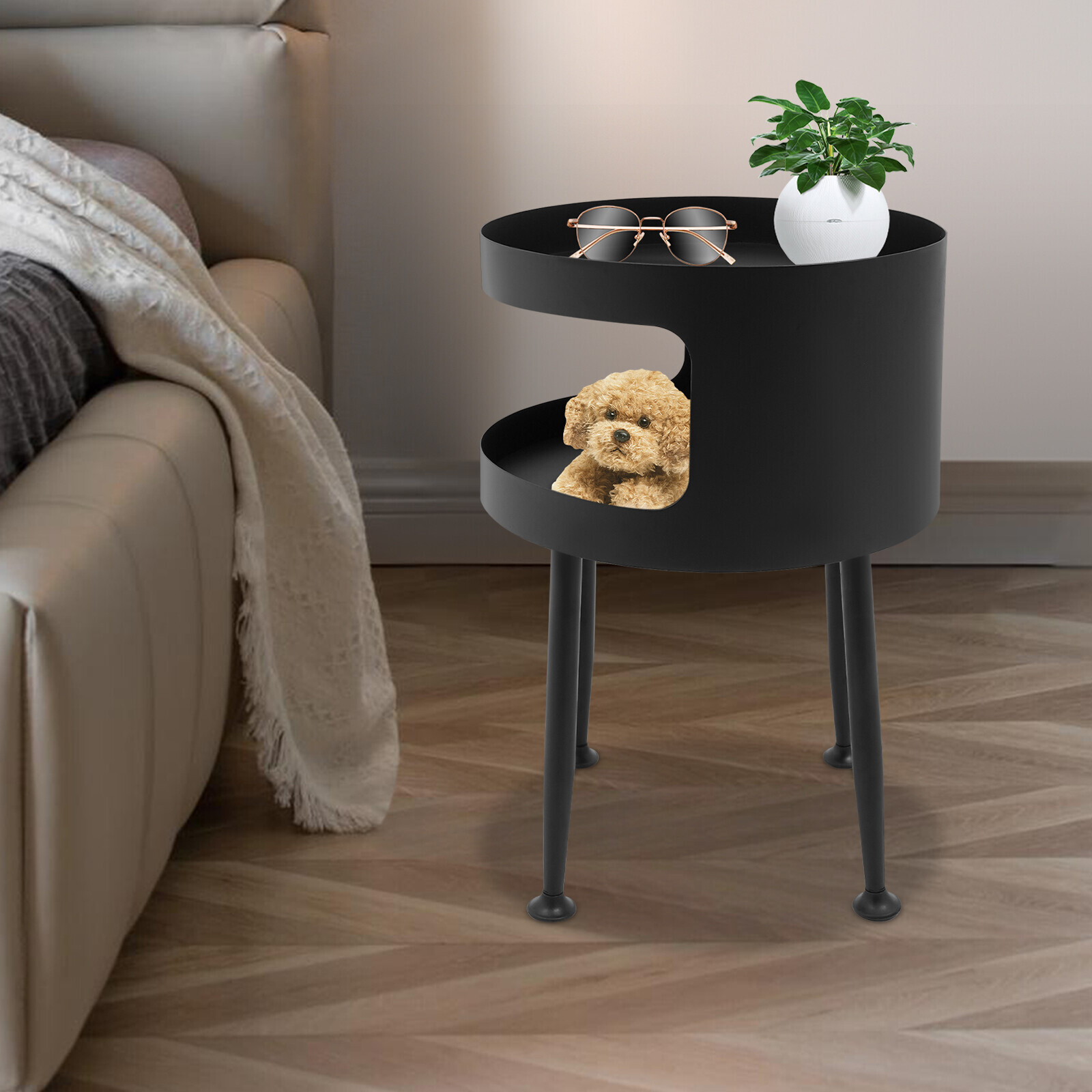 40x40x55cm Modern Round Side Table with Open Storage for Bedroom