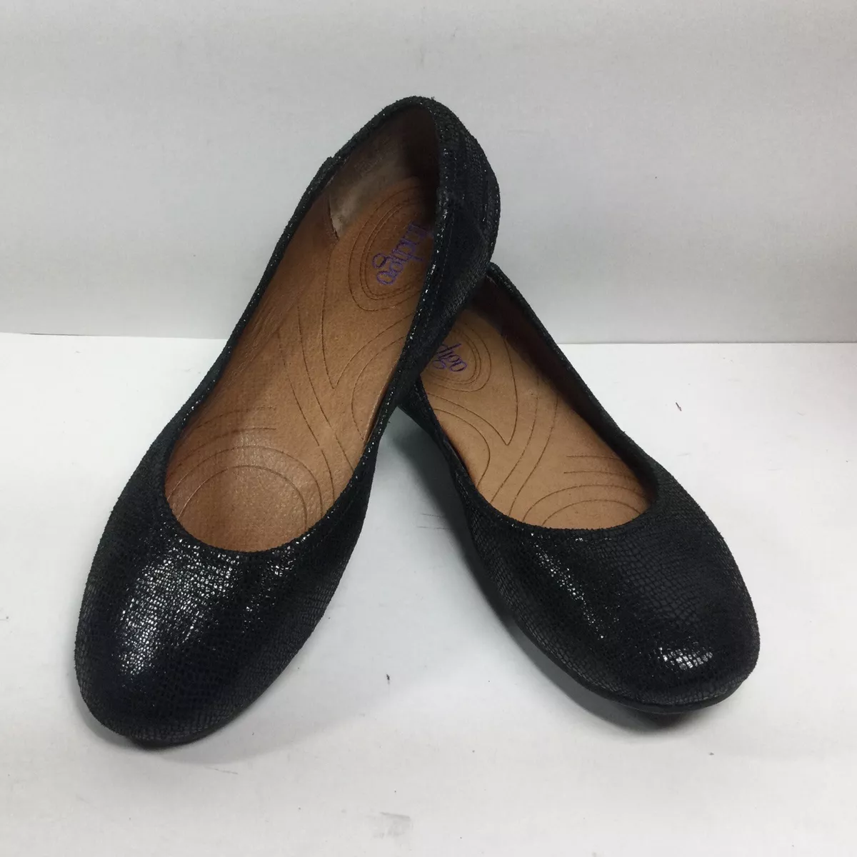 Clarks Indigo Black Leather Shoes Lizard Slip On Ballet Flats Womens Sz 7M |