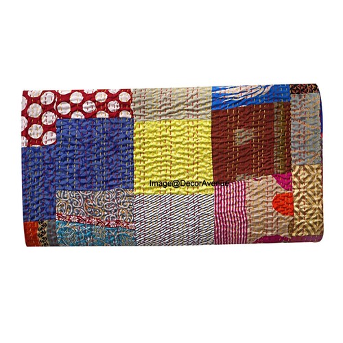 Indian Handmade Silk Patchwork Kantha Quilt Bohemian Bedspread Blanket Throw - 第 3/7 張圖片