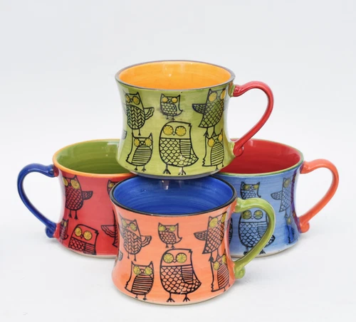 4 VINTAGE PIER 1 IMPORTS STACKING OWL WHIMSICAL STONEWARE MUGS CUPS COFFEE SOUP