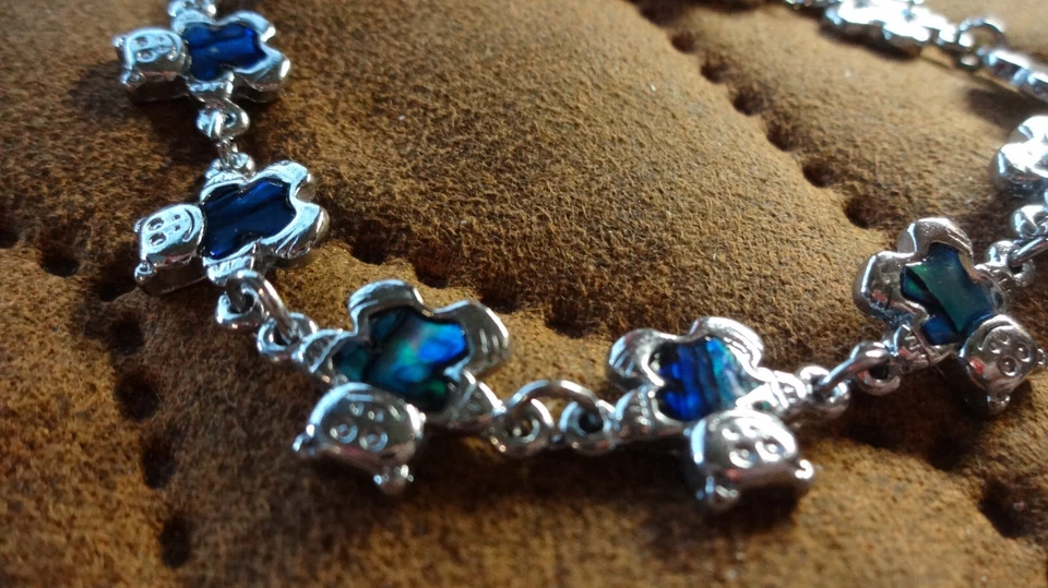 Teddy Teddybär ARMBAND PERLMUTT ABALONE MUSCHEL S-80 BLAU GRÜN SILBER ca 20 cm - Bild 2 von 4