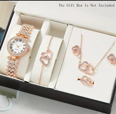 Ladies/ Girls 6-Pieces Elegant Rose Gold Rhinestone Decor Watch