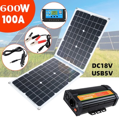 16000W Power Inverter 600W Foldable Solar Panel Kit Complete Home Grid System