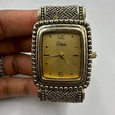 Vivani Watch Women Gold Tone Rectangular Cuff Bracelet Textured Band New Battery