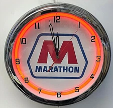 16" Marathon Oil Nostalgic Sign Red Neon Wall Clock Garage Man Cave