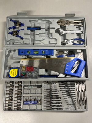 Tool Kit in Case with Drill Bits and Assorted Tools - Grey - Handy Carrying