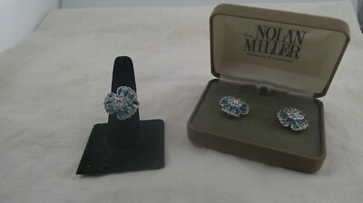 Rare Nolan Miller Blue & White Crystal Ring & Earring Set MIB Size 10