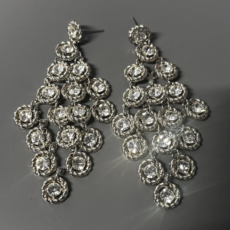 Statement Chandelier Earrings Silver Tone Clear Rhinestone Crystal Post Dangle - Image 3 of 4