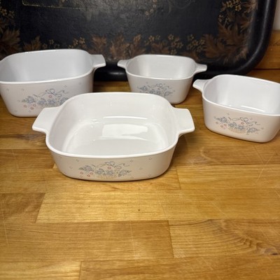 Vintage Corning Ware Country Cornflower Blue Ribbon- Set Of 4 No Lids Mixed Size
