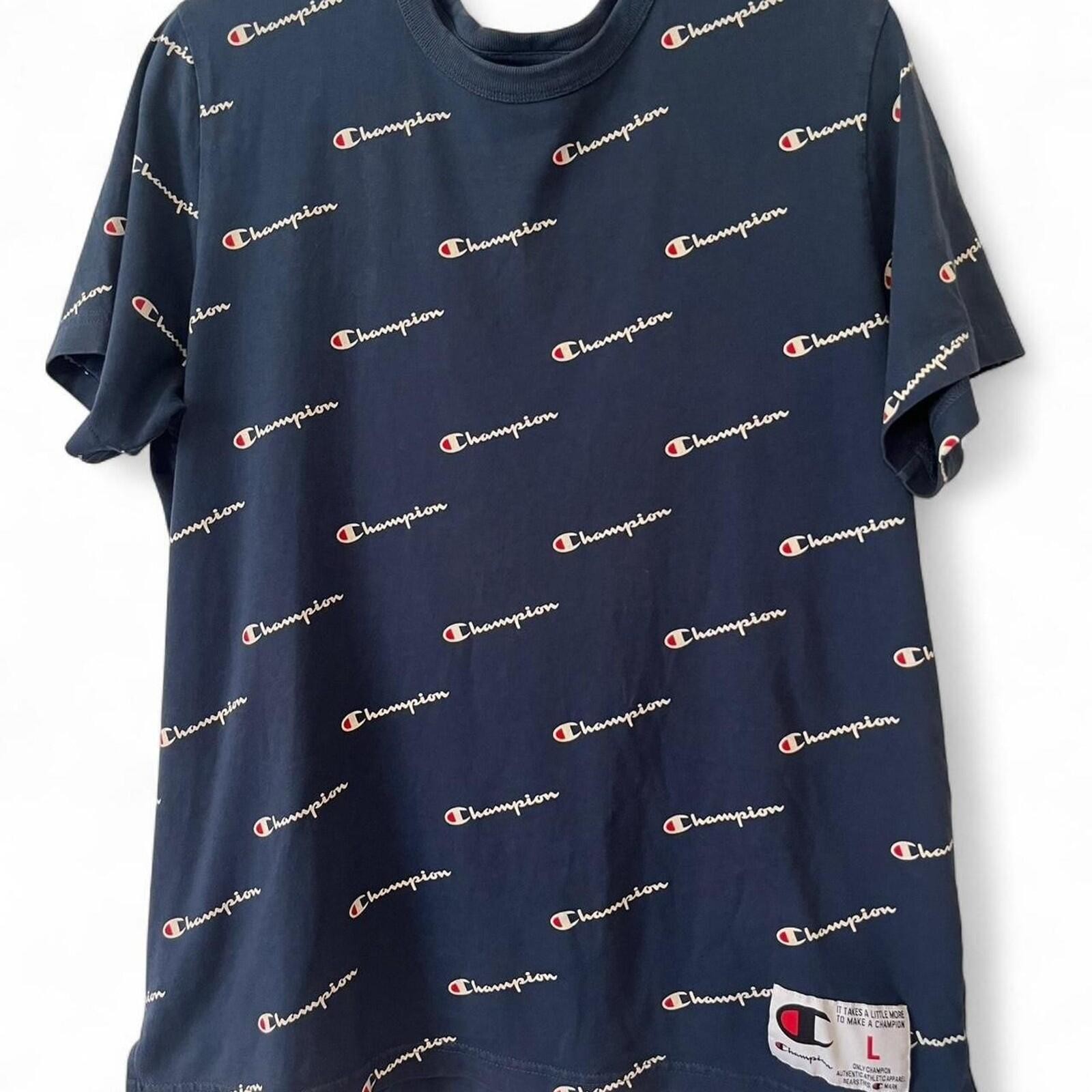 Champion Navy Blue Allover Logo Print T-Shirt Size Large