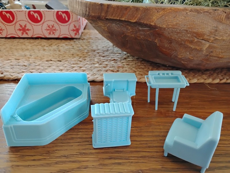 Vintage Blue Lot Marx Doll House Bathroom Plastic Tub Toilet Sink Hamper Chair 