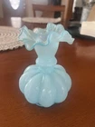 Light Blue Decorative Glass Vase, Ruffled Top, Glossy Finish, Art Glass Accent