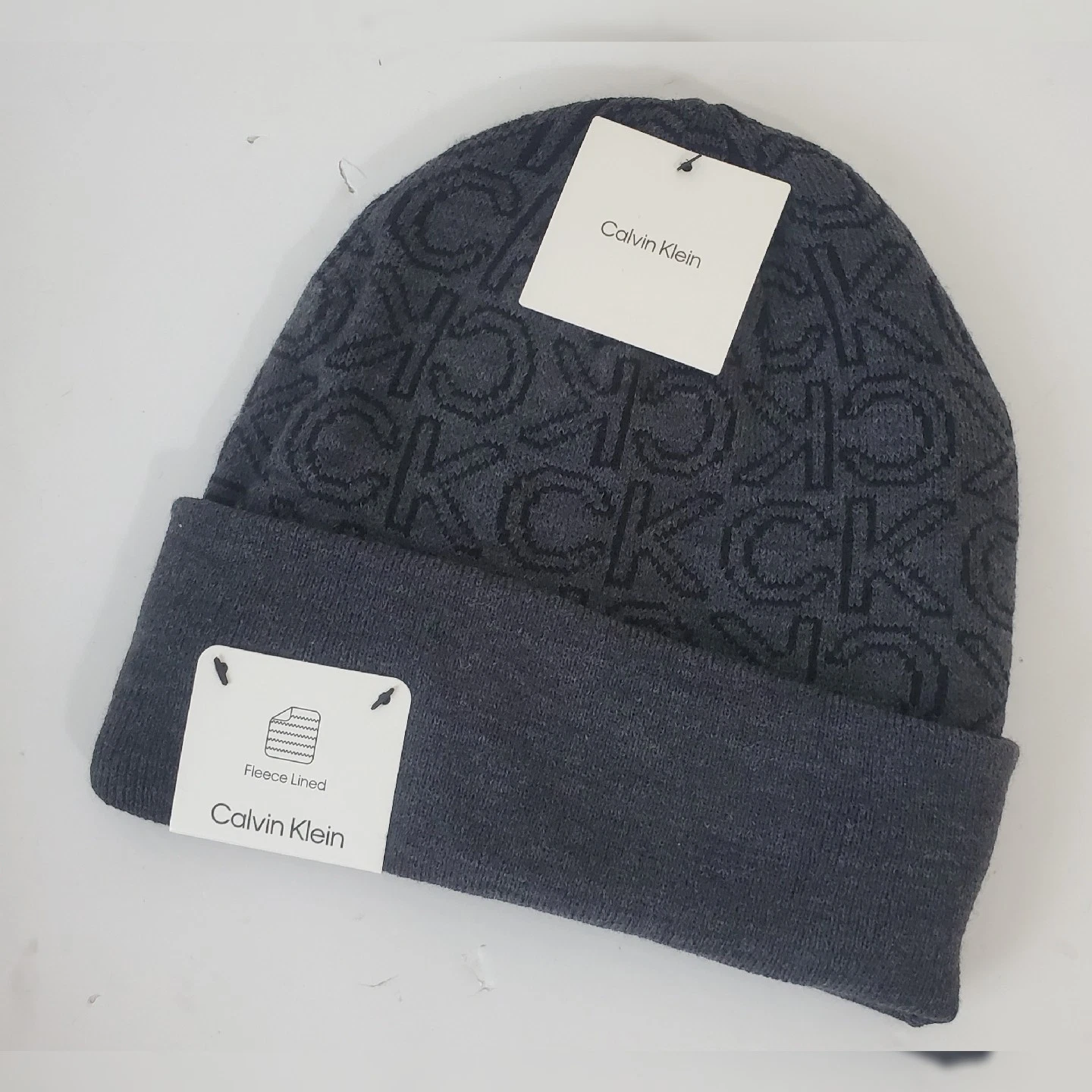 CALVIN KLEIN FLEECE LINED HAT MEN'S COLD WEATHER ALLOVER "CK" LOGO BLACK