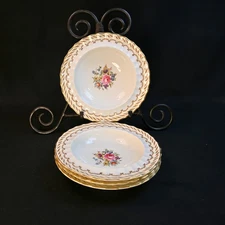 Royal Worcester 4 Rimmed Fruit Bowls 6 1/2" Kempsey Floral Center Gold 1944-1955