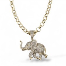 9ct Gold XP Elephant Pendant On 30" 8mm Long Belcher Chain, CZ Animal Pendant A*