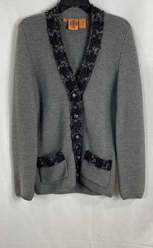 Tory Burch Women's Merino Wool Cardigan Jacket Gray Boucle Trim Sz M