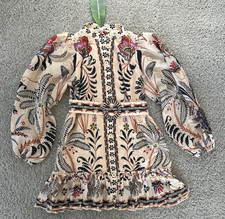 Farm Rio Classic Nature Sand Mini Dress Sz XS Long Sleeve Belted NWT $248