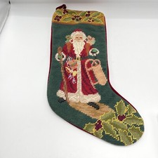 Vintage 20" Needlepoint Stocking Santa Claus Holly Red Green Christmas Holiday