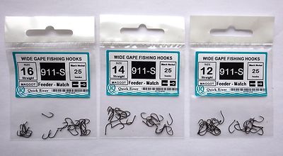 FEEDER MATCH 75 FISHING HOOKS Size #16 14 12   911S Black Nickel for maggot corn