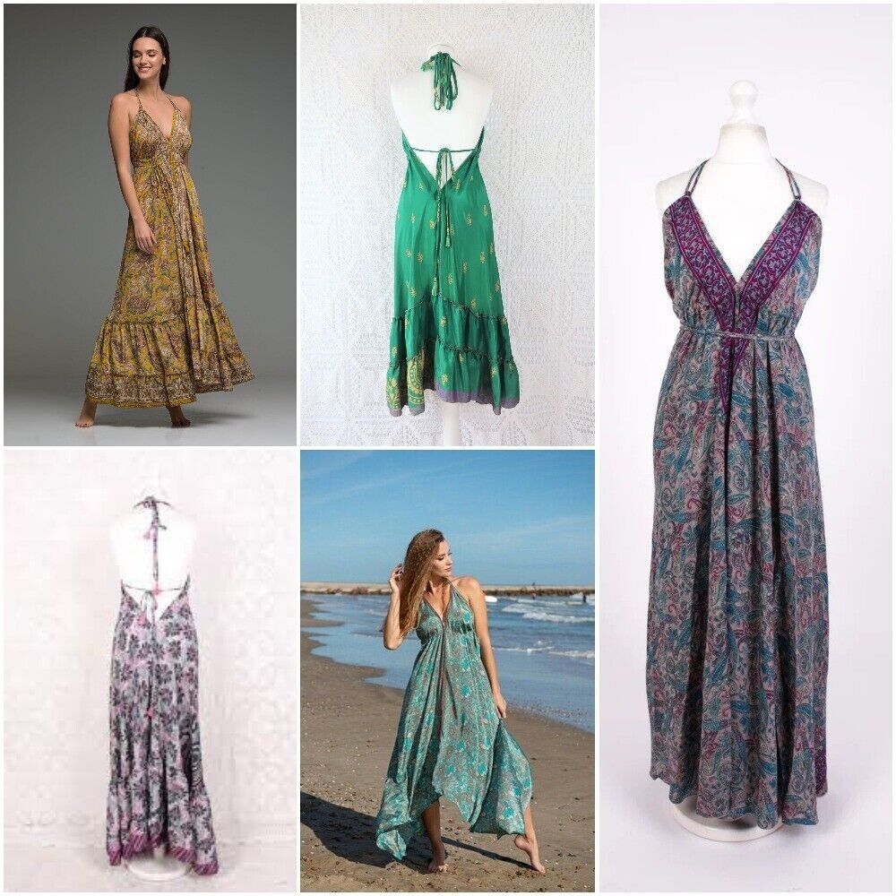 Lotto Di 5 Abiti Indiani Vintage In Seta Sari, Maxi Lunghi, Stile Boho, Taglia Unica