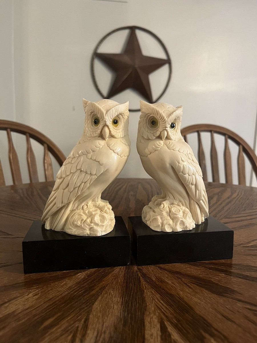 A. Gianelli Alabaster Owl Figurine Bookends Made In Italy Golden