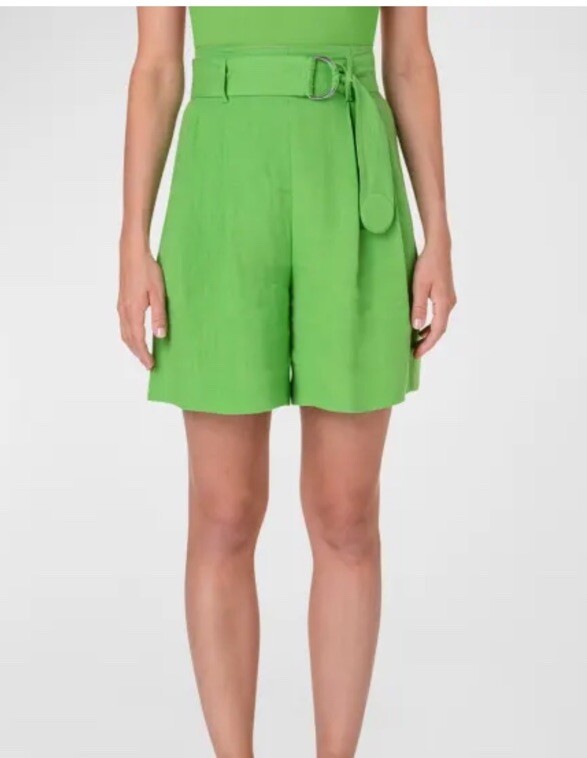 Bermudas Akris Punto Fiorellina Cinturón Lino Verde Talla 10 Cupro