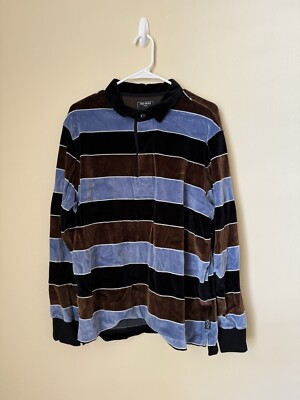Todd Snyder New Yarn Dyed Velour Striped Polo Shirt Long Sleeve Blacktop XL 
