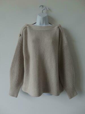 New AKRIS Cashmere Wool Blend Boatneck Drop Shoulder Button Sweater 12 Beige
