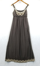 Elie Tahari Dress Women L Brown Silk Cotton Embroidered Beaded Maxi Empire Waist