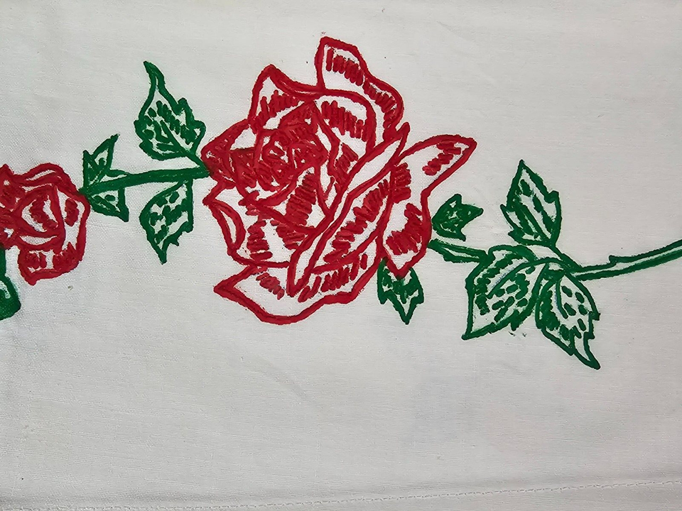 Pair Vintage Pillowcases Handmade Painted Liquid Embroidery Red Roses