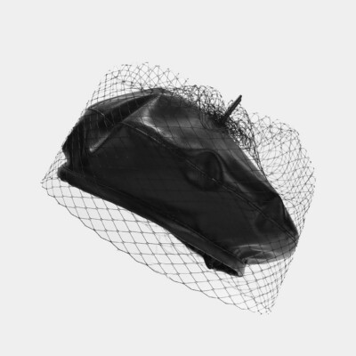 Retro Women PU Leather Hat Fascinator Beret With Veil Artist Black