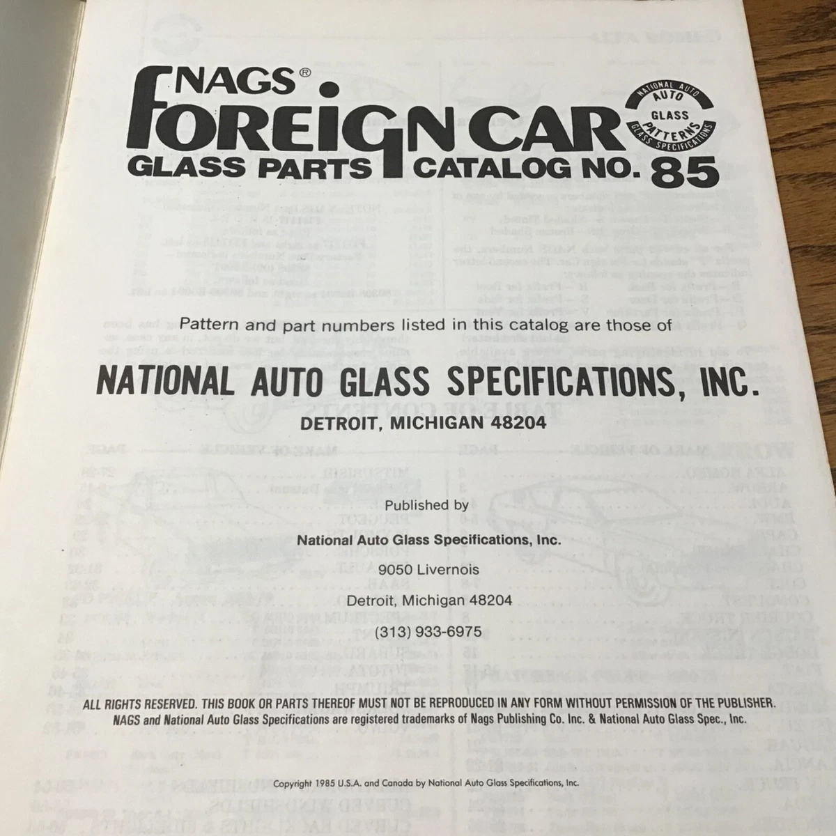 NAGS AUTO GLASS PARTS FOREIGN CAR CATALOG ORIGINAL PART NUMBERS SIZES No.  85 | eBay