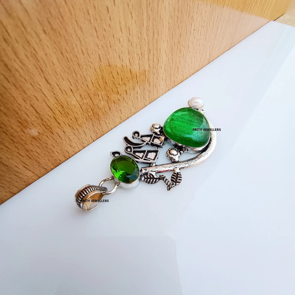 Colgante de Topacio Verde con Perla, Chapado en Plata 925 Grande Antiguo Hecho a Mano Foto 3 de 4